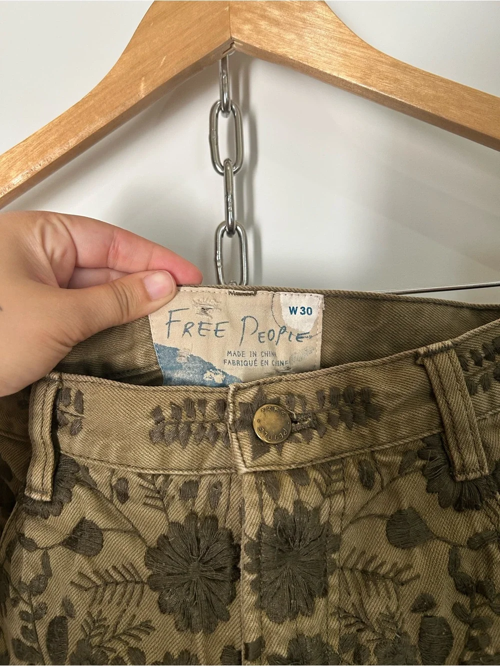 Free People Olive Green Ettiene Field Denim Shorts w/ Floral Embroidery